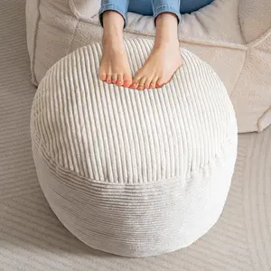 Round Stuffed Pouf Ottoman, Corduroy Poufs with Foam Chunk Filling, Furry and Fluffy Pouf Foot Stool Storage Ottoman, 20 X 15 Floor Poufs Foot Rest for Living Room, Beige