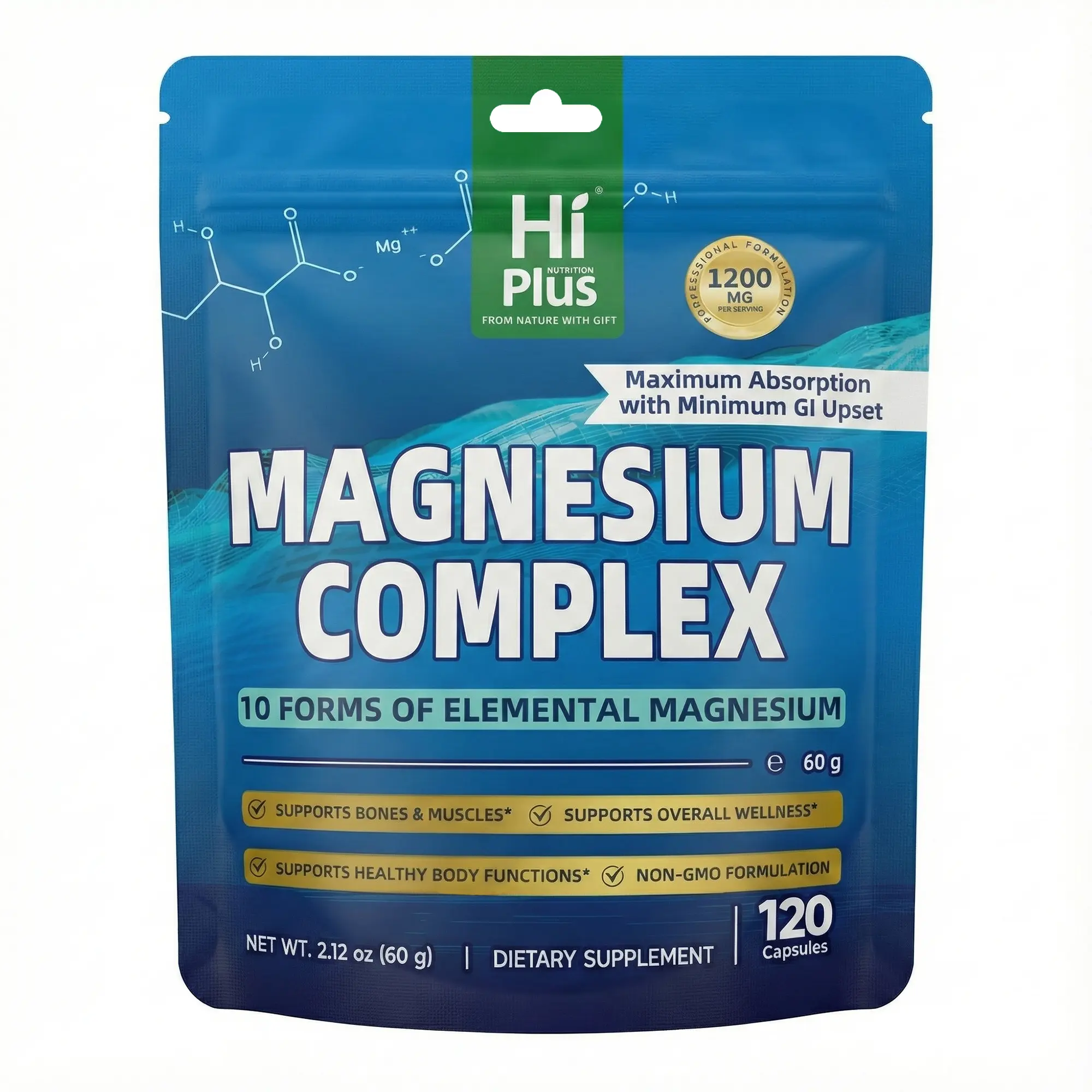 Magnesium: High-Potency Magnesium Complex Supplement for Men and Women, 1,200 mg, 10 Essential Magnesium Supplements, 120 Capsules, hiplus