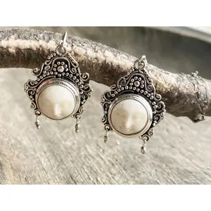 Hand Carved Goddess Moon Face 925 Silver Handmade Earrings - Crystal Healing Meditation
