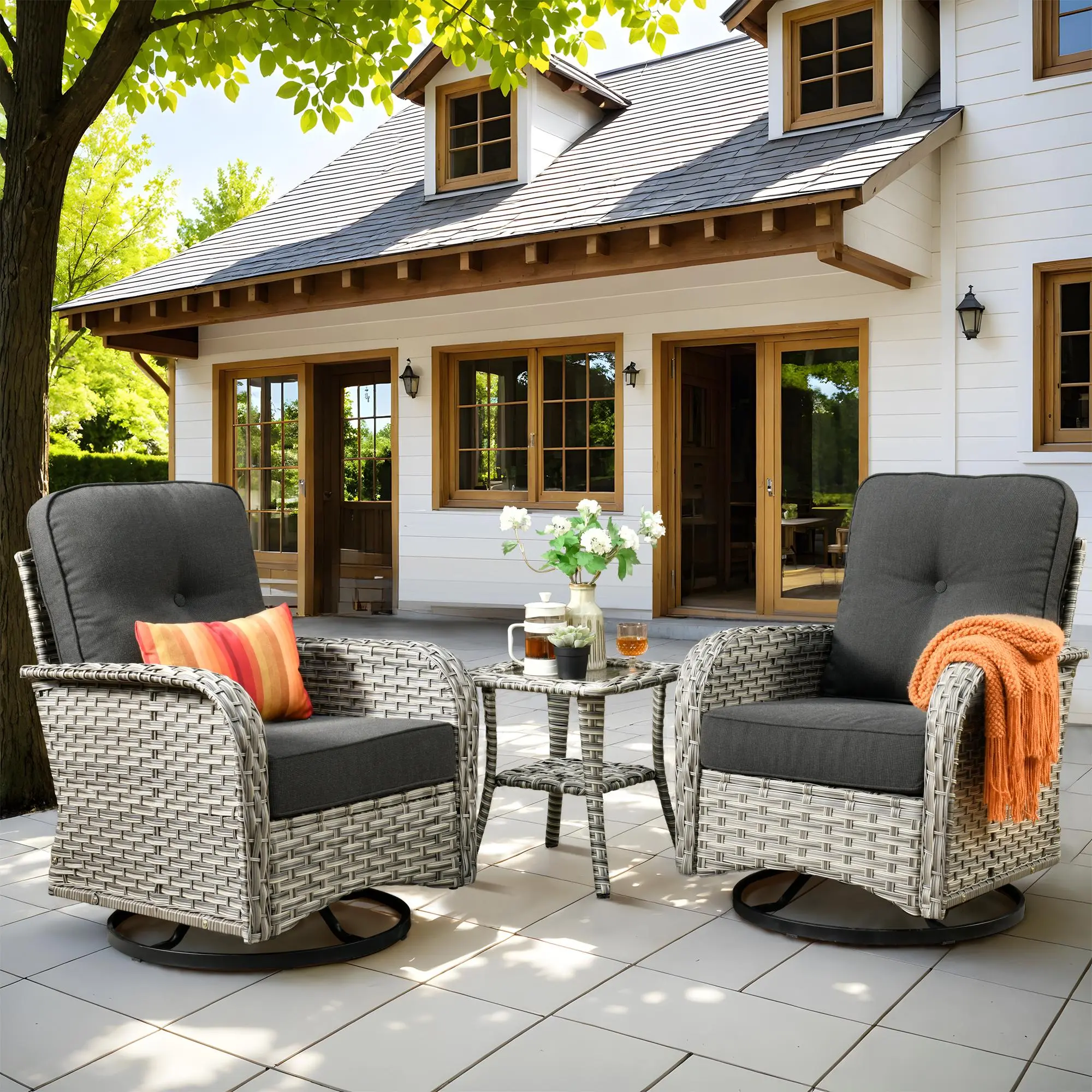 3 Pieces Outdoor Patio Furniture Set with Swivel Chairs, High Back Wicker Rattan Sofa with Extra Thick Cushion,Outdoor Conversation Set for Garden Backyard Deck
