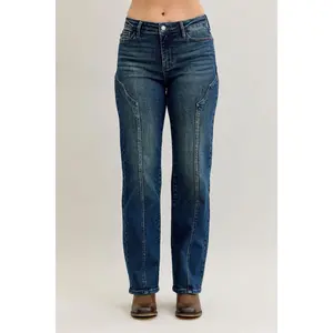 Judy Blue Full Size Seam Detail Straight Leg Jeans Plus Size High-Waisted Vintage Blue Wash Stretch Denim 881039 All Seasons Comfortable Classic Look Cuffed Jeans by Judy Blue Stretch Bootcut Tummy Control Jeans High Rise V Front Straight Jeans
