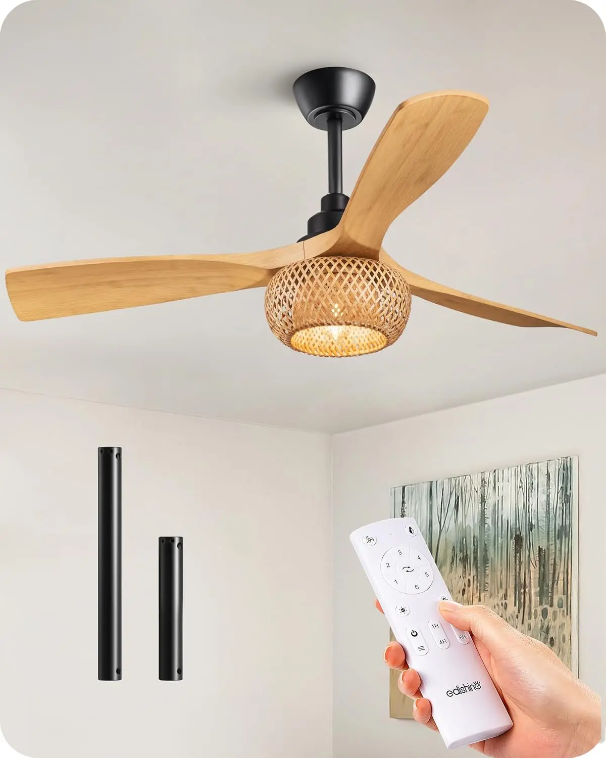EDISHINE 42 Inch Boho Ceiling Fan with Light, Rustic Woven Natural Bamboo Cage, Dimmable with Remote Control, Quiet Reversible DC Motor for Sloped Ceilings, Living Room, Living Room Decor, Dimmable Light, Flat/Sloped Ceil., Rustic Weave, Bohemian