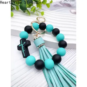 Silicone Cross Bead Keychain with Tassel Charm, Multi-Color Wristband Accessory for Bags or Car