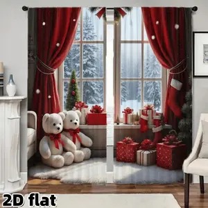 Christmas Winter Scene Curtains Set, Teddy Bear Print, Half-Transparent Polyester Fiber, Holiday Theme, Living Room Bedroom Window Decor, Home Decoration Curtain