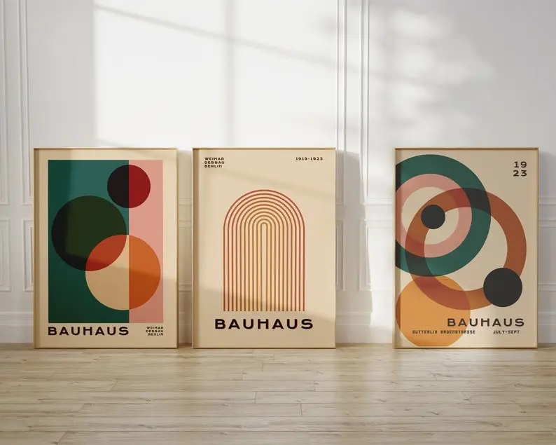 Bauhaus Set of 3 Prints, Vintage Mid Century Modern Posters, Retro Geometric Gallery Wall Set, 3 Piece Trendy Wall Decor | Original Authentic Poster