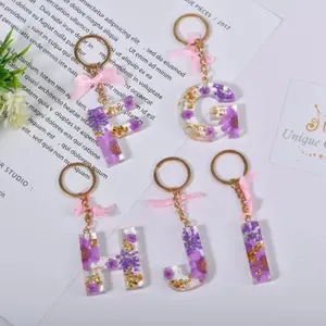 Dried Real Flowers Letter Initial Resin Keychain,Pink/Purple/Yellow/Green/Blue,Gold Leaf,Cute Handmade Birthday Gifts