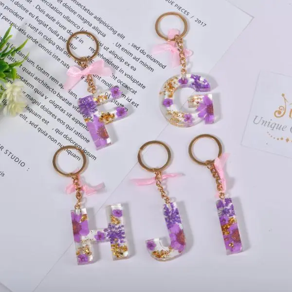 Dried Real Flowers Letter Initial Resin Keychain,Pink/Purple/Yellow/Green/Blue,Gold Leaf,Cute Handmade Birthday Gifts