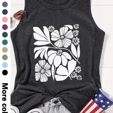 Women's Floral Print Round Neck Tank Top, Sleeveless Printed, Casual Fashion Sleeveless Tops Crew Neck Tank for Daily Wear, Ladies Clothes for All Seasons