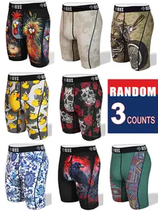 RANDOM 3PCS,Men's Long Brief Underwear Set, Moisture-Wicking, Anti-Chafing, Quick-Dry, Festive Halloween Prints, Skull, Wolf, Motorcycle, Porcelain, Casual Comfort