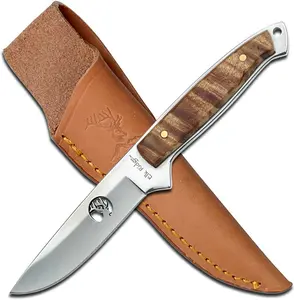 Elk Ridge - Outdoors Fixed Blade Knife - 7-in Overall, Mirror Polished Blade, Full Tang, Maple Burl Wood Handle, Leather Sheath - Hunting, Camping, Survival - ER-048
