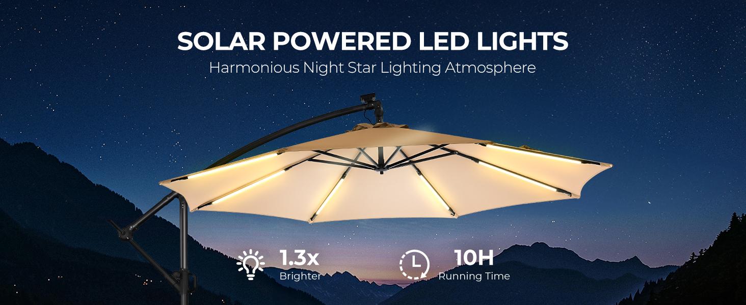 10ft Solar Lights Offset Cantilever Patio Umbrella - with Light and Base, LED Lighted Offset Hanging Patio Outdoor Market Umbrella UPF50+ UV Protection with Easy Tilt and Crank for Pool Deck & Garden