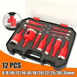 This set of 12 diamond drill bits, suitable for wet or dry use, Tool Accessories, ranges from 6mm to 35mm and is perfect for DIY projects and home renovations. They can drill through hard materials like tile, glass, marble, and slate