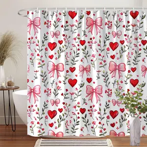 1Pc Valentine Heart and Bow Pattern Shower Curtain Floral Decor Polyester Fabric Bath Hanging Curtain Bathroom Shower Equipment 70.8x70.8 Inch with 12 Hooks Perfect for Romantic Bathroom Theme