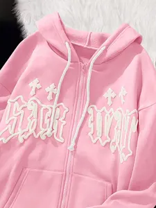 Women's Pink Gothic Embroidered Zip Up Hoodie with Drawstring Hood 3D Cross Letter Patch Soft Fleece Lined Casual Streetwear Jacket for Fall Winter Outerwear
