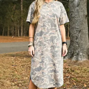 Women's Camouflage Short-Sleeve Casual Midi Dress - Loose Fit, Ruffle Cap Sleeves, Elastic Waist for Summer Work Wear, Shortsleeve