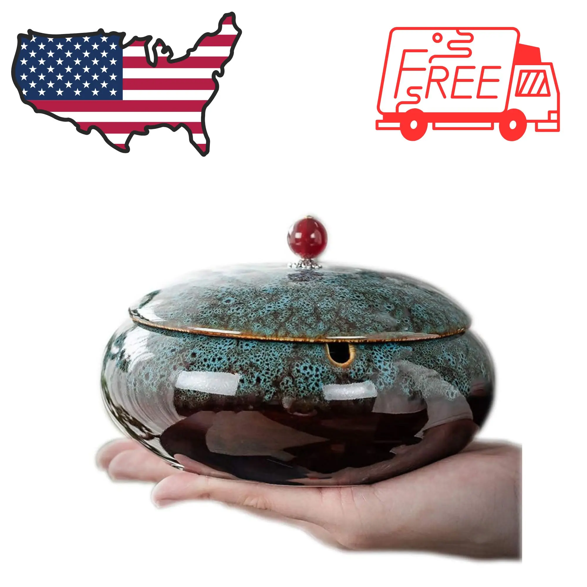 5.7" Ceramic Ashtray with Lids Windproof Cigarette Ashtray