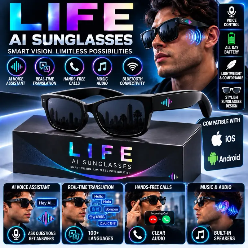 $149.99 LIFE AI Glasses Smart Vision with AI Assistant, Real-Time Translation, Hands-Free Calls, Music & Audio, Bluetooth Connectivity, iOS & Android Compatible