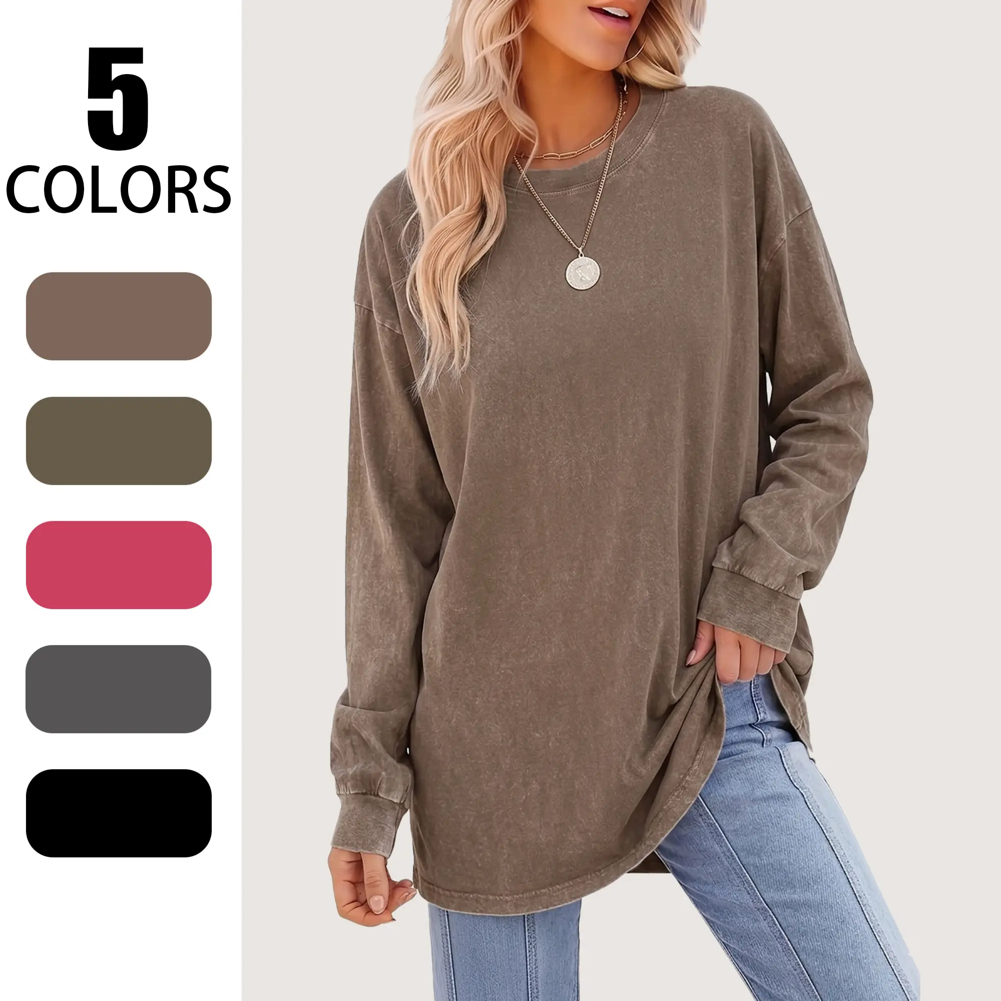 Women's Oversize Loose Longsleeves Elevated Basic Pullover Sweatshirt - Retro Washed, Slimming Fit, Tunic Length Tops for Everyday Wear, Style, Baggy, T-Shirt, Oversized, Crew Neck, Cotton, Fashion backtoschool