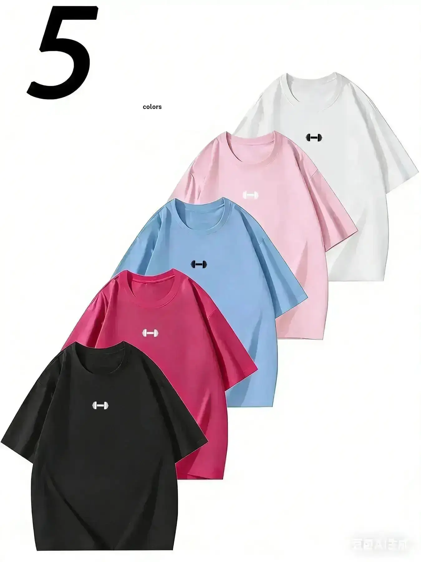 5 PCS Dumbbell Print Drop Shoulder Workout T-Shirts for Women, Activewear T Shirts, Casual Sports Tops, Y2K Aesthetic Oversized Short Sleeve Gym Tops, Perfect for Yoga, Fitness, Daily Casual, Sporty Street Style