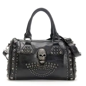 Women's Fashion Versatile Black Tote Bag Skull Handbag Large Lightweight Capacity Gothic Shoulder Bag Studded PU Leather Doctor Handbag