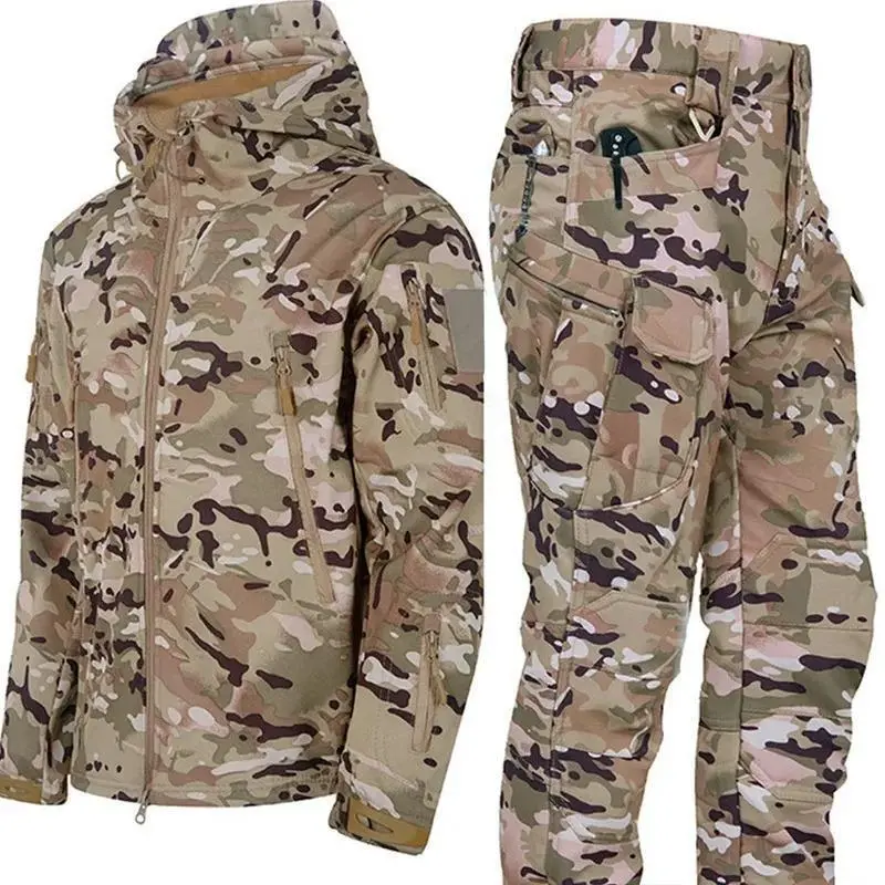 Men's Winter Jacket Tactical  Sets FleecedWindproof Waterproof Padding Suits  Uniform Pockets Camo Camouflage Menswear