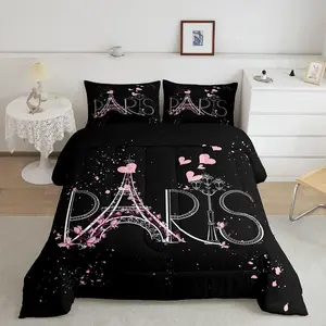 Eiffel Tower Comforter Set,Chic Paris Bedding Set,Multiple Size All Season,Romantic Theme Comforter,Black Pink French Style Duvet Set