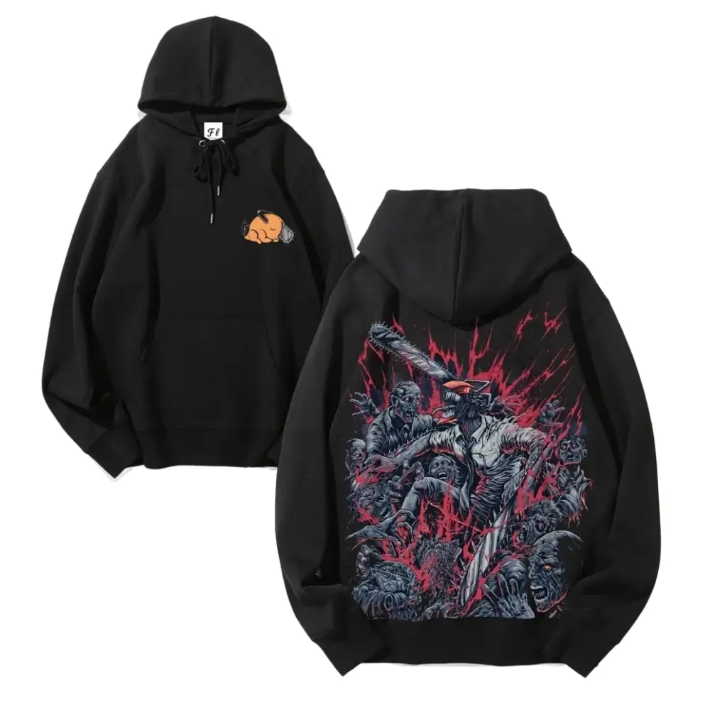 *Chainsaw Man* depicting the protagonist Denji transforming into Chainsaw Man and battling a zombie devil and the zombies it summoned-Long Sleeve Cotton Unisex Vintage Hoodie