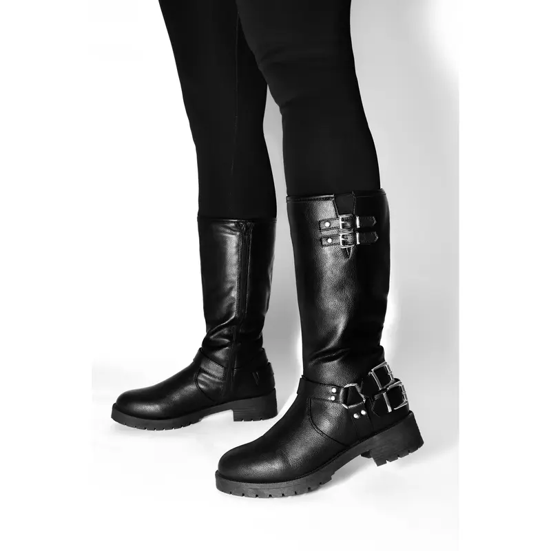 Wild Diva Women's Fashion Moto Harness Buckle Strap Mid-Calf Motorcycle Boots