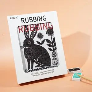 DIY Easter Woodblock Rubbing Art Kit Rabbit Printmaking Craft Set with Pigment Sponge Brush Complete Supplies Gift for Kids