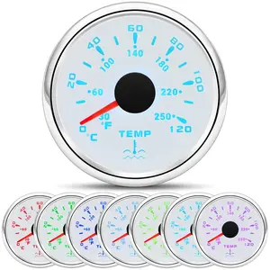 Water Temp Gauge 2-1/16" 52mm 7 Color Water Temperature Meter 30-250℉ / 40-120℃ for Car Auto Boat Marine White