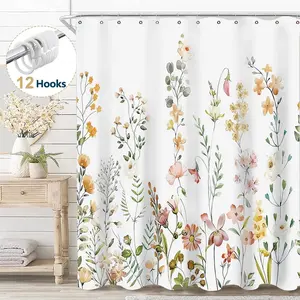 White Floral Fabric Shower Curtain, Watercolor Bathroom Curtain with Hooks, Yellow, 72" x 72"