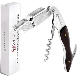 WineOp Professional Wine Opener Luxury Double Hinged Waiters Corkscrew Wine Bottle Key - Cork screwer for Servers Bartenders Sommelier and Home Use | All-In-One Stainless Steel (Ebony Wood Handle)