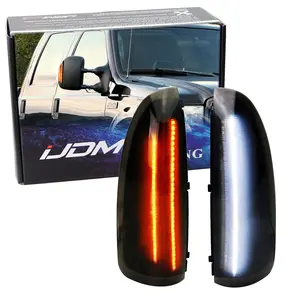 iJDMTOY Switchback LED Side Mirror Marker Lamps For 2003-2007 Ford F250 F350 Superduty, 2000-2005 Ford Excursion, (2) Smoked Lens, White LED Parking Light, Amber LED Turn Signal Light