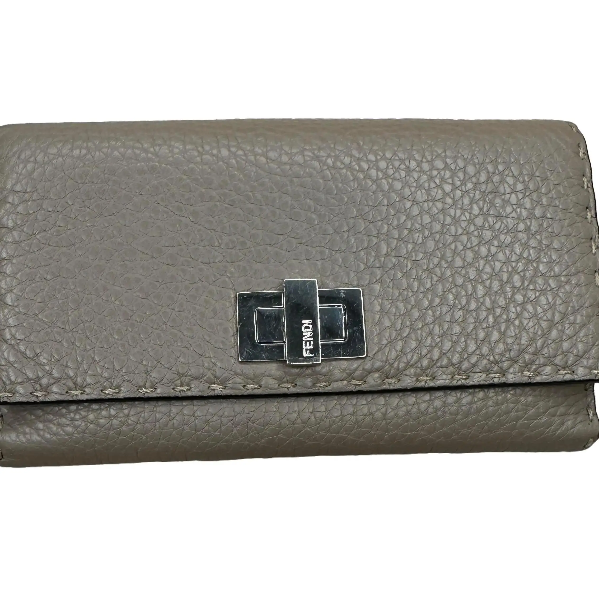 Pre-owned FENDI Leather small leather goods Pebbled Peekaboo Wallet in Grey, Min...