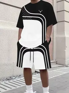Men's 2-Piece Set, Printed Round Neck T-Shirt & Drawstring Shorts, Summer Sportswear, 100% Polyester Knit Fabric, Casual Fit