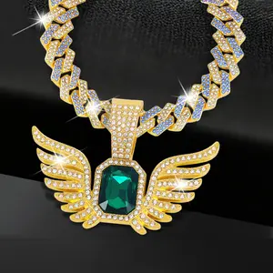 Angel Wing Pendant with Flip-up Diamond-shaped Necklace Silver Gold Plated Bling Hip Hop Necklace Diamond Angel Wing Pendant Wide Necklace Jewelry Gift for Party Prom Gifts Costumes DIY Decoration