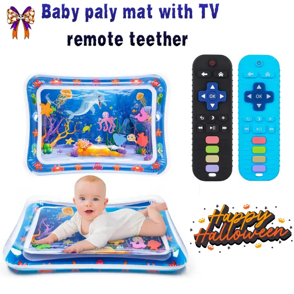 3PCS Halloween Baby Gift Set – 2 TV Remote Teether Toys + Tummy Time Water Mat, Silicone Sensory Toys for Newborns & Toddlers