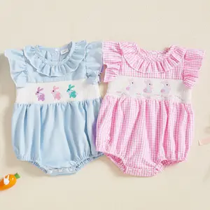 Imcute My First Easter Baby Girl Outfits Cute Rabbit Bubble Romper Newborn Collared Smocked Bodysuit Summer Clothes 0-18 Months