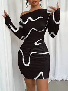 Women's Asymmetrical Ruffle Graffiti Print Long Sleeve Dress, Comfortable Fabric, Perfect for Fall Season, Casual Fashion