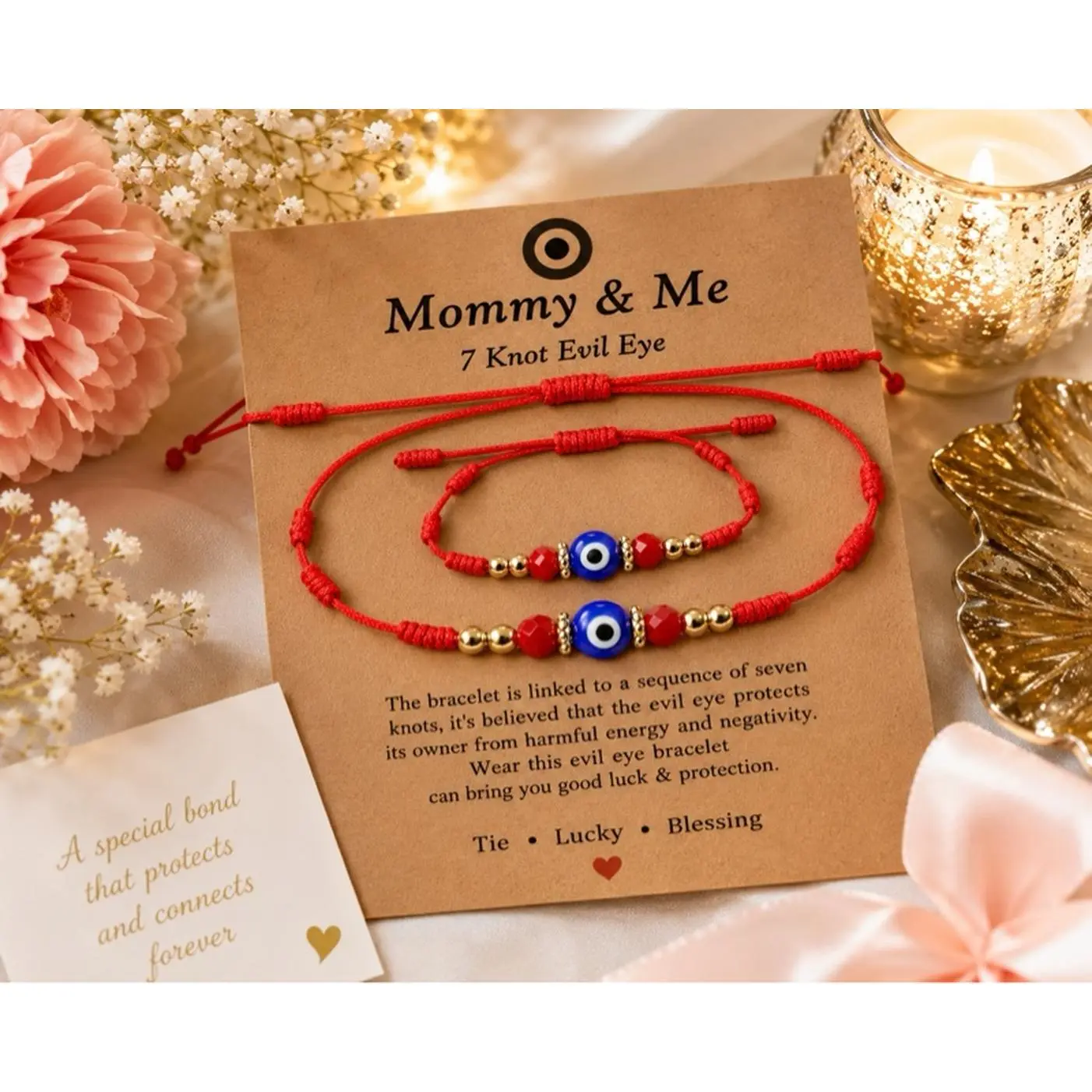 Mommy & Me Evil Eye Bracelet Set Adjustable Matching Bracelets for Moms and Kids Red String with Gold Accents Perfect for Mother's Day and Birthdays