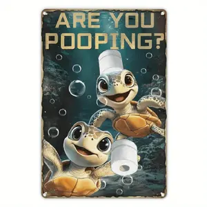Funny Sea Turtle Bathroom Wall Decor - 'Are You Pooping?' Vintage Metal Sign with Cartoon Turtles, 8" x 12", Playful Underwater Scene, Humorous Home Art for Bathroom, Kitchen, or Bar