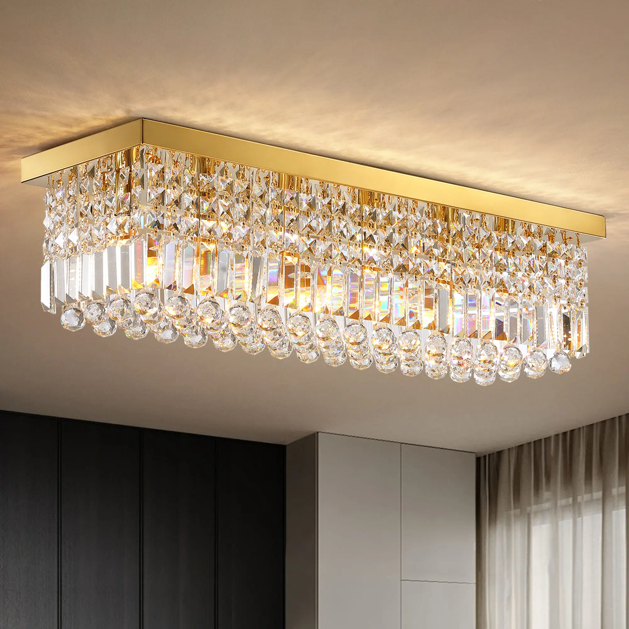 Modern Crystal Chandelier Pendant Golden Flush Mount Ceiling Light for Living Room Dining Hall Hotel BedroomL31.5' x W10' x H13.5', 6 Lights, Dimmable, Excellent Gifts for Christmas New Year(Gloden/Chrome）