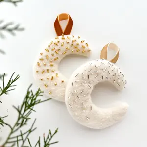 Christmas moon ornaments, handmade beaded ornaments, soft wool ornament, celestial ornaments, boho ornaments