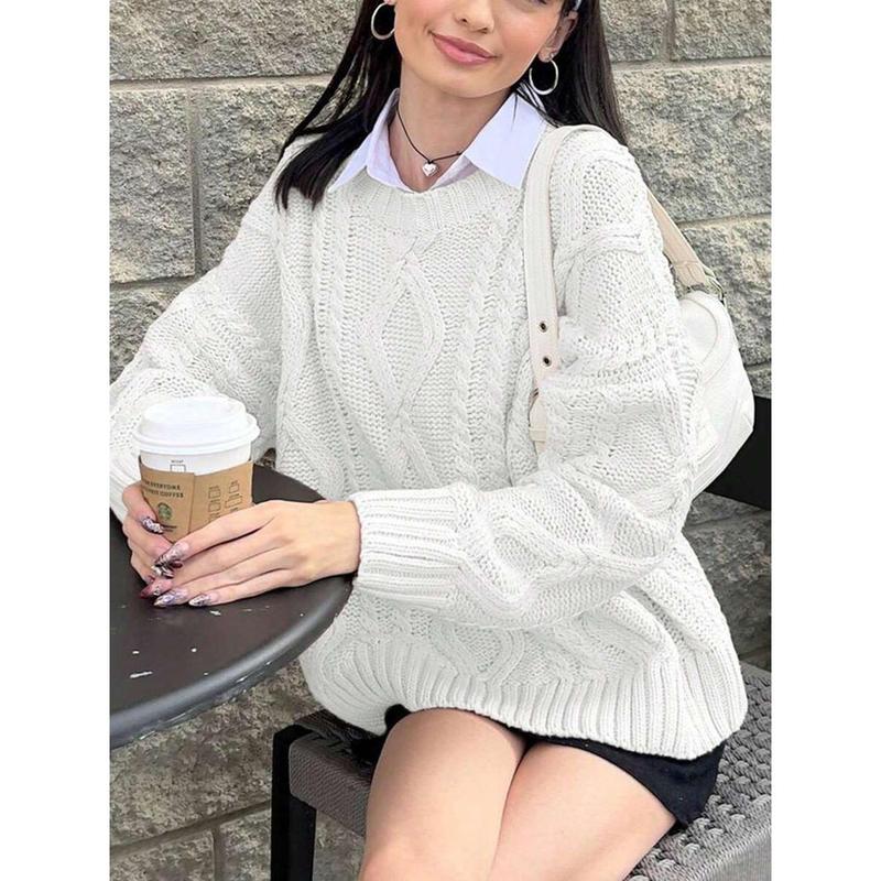 Women's Round Neck Twisted Flower Long Sleeve Knitted Sweater Tops White Casual Minimalist Pullover Polyester Fabric Knitwear Back-to-School Graduation Outfit