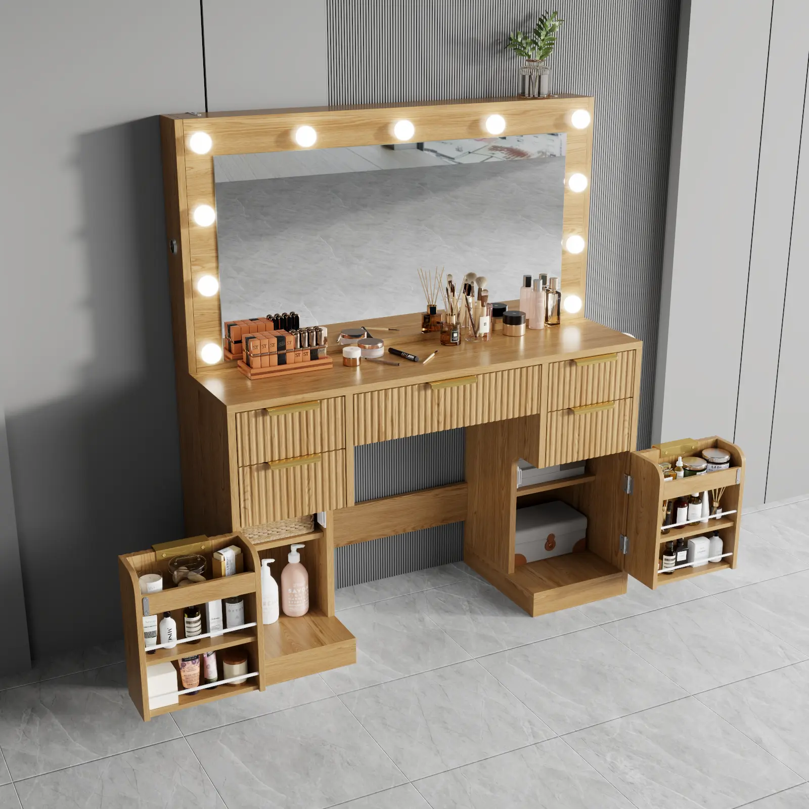 Loomie Large Fluted Vanity Desk with large Mirror and LED Lights & Power Outlet,Large Wood Makeup Vanity Table with 2 Hidden Storage Shelf, Modern Dressing Table with 5 Drawers and 2 Cabinets