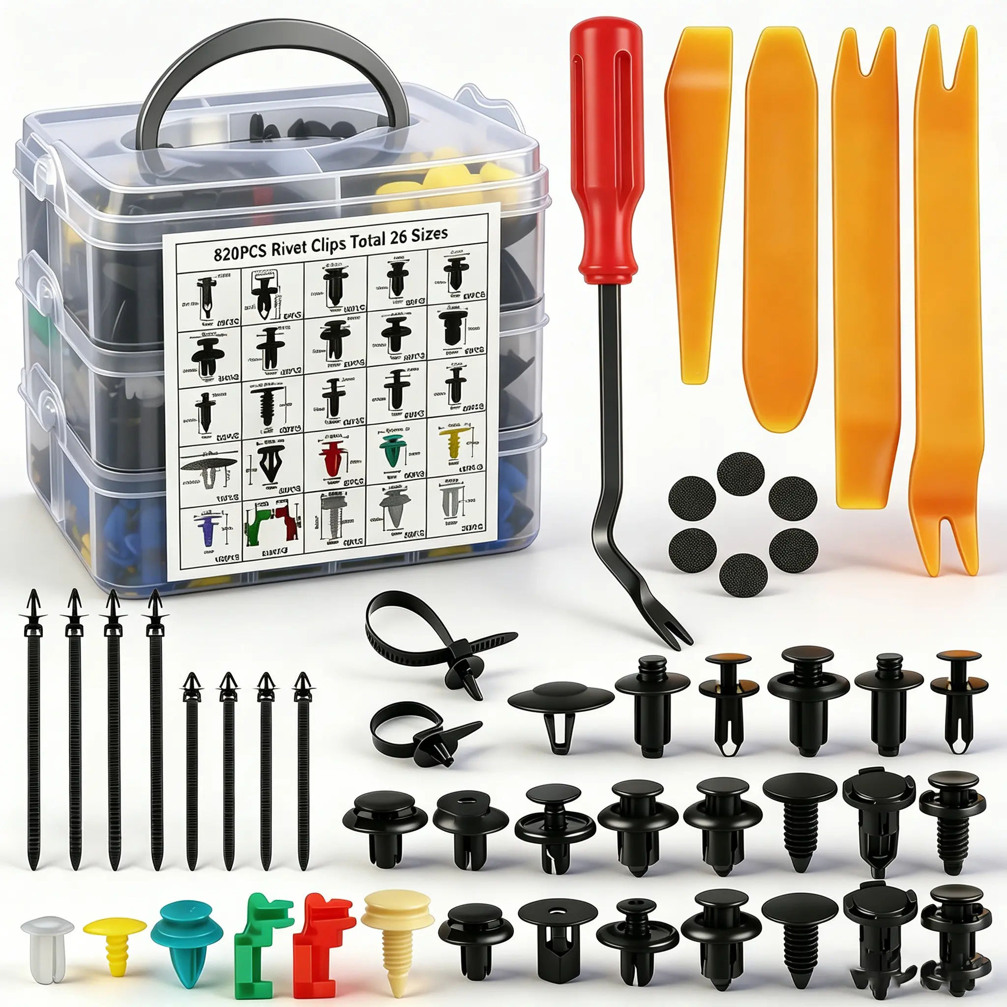 925PCS Assorted Sizes Auto Fastener Kit - 26 Sizes 925 Car Push Retainer Clips with Removal Tools, Cable Ties, Built-to-Last Nylon Rivets, Organized Storage for Domestic/Import Vehicle Bumper, Door Trim Repairs