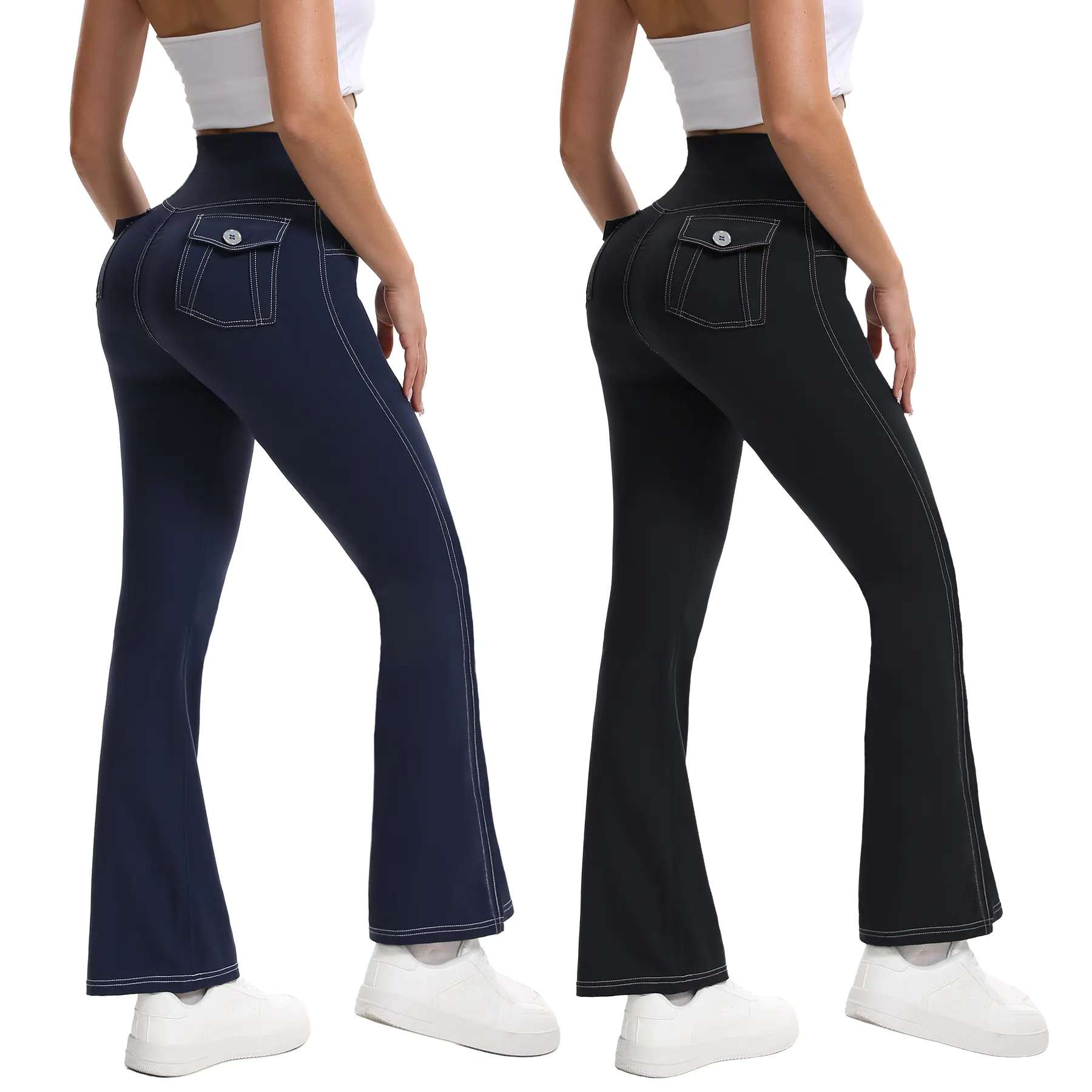 2-Pack Women's High-Waisted Faux Denim Flare Leggings, Bootcut Yoga Pants with Back Pockets, Tummy Control Workout Activewear