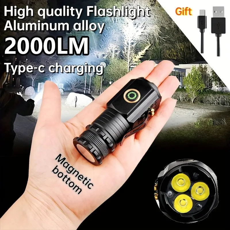 High Lumens Adjustable Tactical Flashlight, 2000-Lumen Rechargeable Pocket-Sized Aluminum Alloy Flashlight, 4 Light Modes (Strobe, SOS Included), Zoomable, 2500mAh Long-Lasting Battery, Compact for Camping, Emergency, High Lumens Flashlight