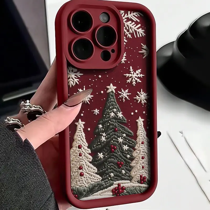 Red Wine Christmas Tree Embroidery TPU Phone Case, Shockproof Full Protection Anti-Scratch Cover, Durable Slim Shell for iPhone 17 16 15 14 13 12 11 Pro Max Plus XS Max SE&Red Wine Christmas Tree Embroidery TPU Phone Case, , Cute Festive Christmas Gift