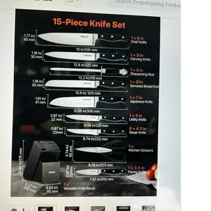 VEVO KitcenKieSetwitlkandSarpener,lece igh Carbon Stainless Steel Sharp Knife Set, Kitchen Cutlery with Crack-Resistant Handle, Sharpening Rod and Wooden Block, for Home Cooks By vevor Item No.: D01027RNVVJ Knives